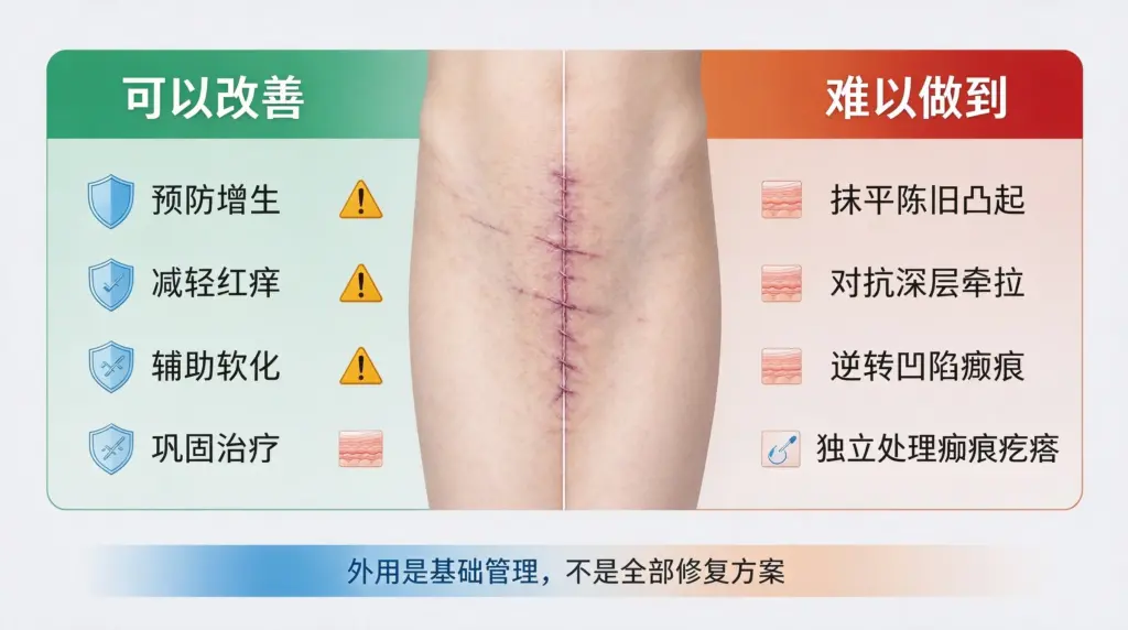 手术疤痕外用药可以做到什么,无法做到什么,能力边界对比信息图