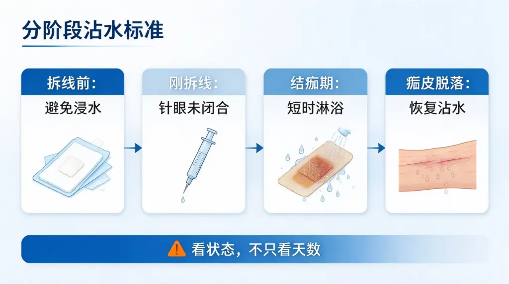 手术伤口分阶段沾水护理时间线：拆线前、拆线后、结痂期、痂皮脱落期